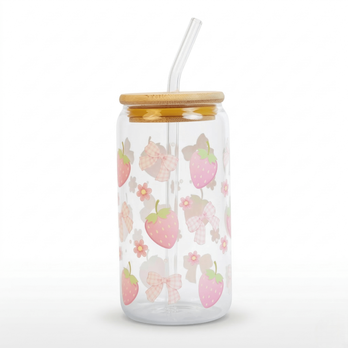 Cute Pink Strawberry Glass Sipper Bottle With Bamboo Lid & Straw - Memories InsiteCUTE PINK STRAWBERRY PRINT GLASS JAR